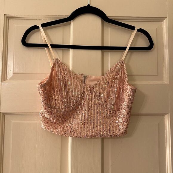 Women’s Sequin Rose Gold Spaghetti Strap Crop Tank S - Picture 1 of 3
